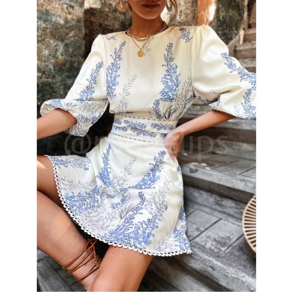 Floral Blue on Cream Light Beige Puff Sleeve Cut Out Waist Mini Dress - Picture 7 of 16